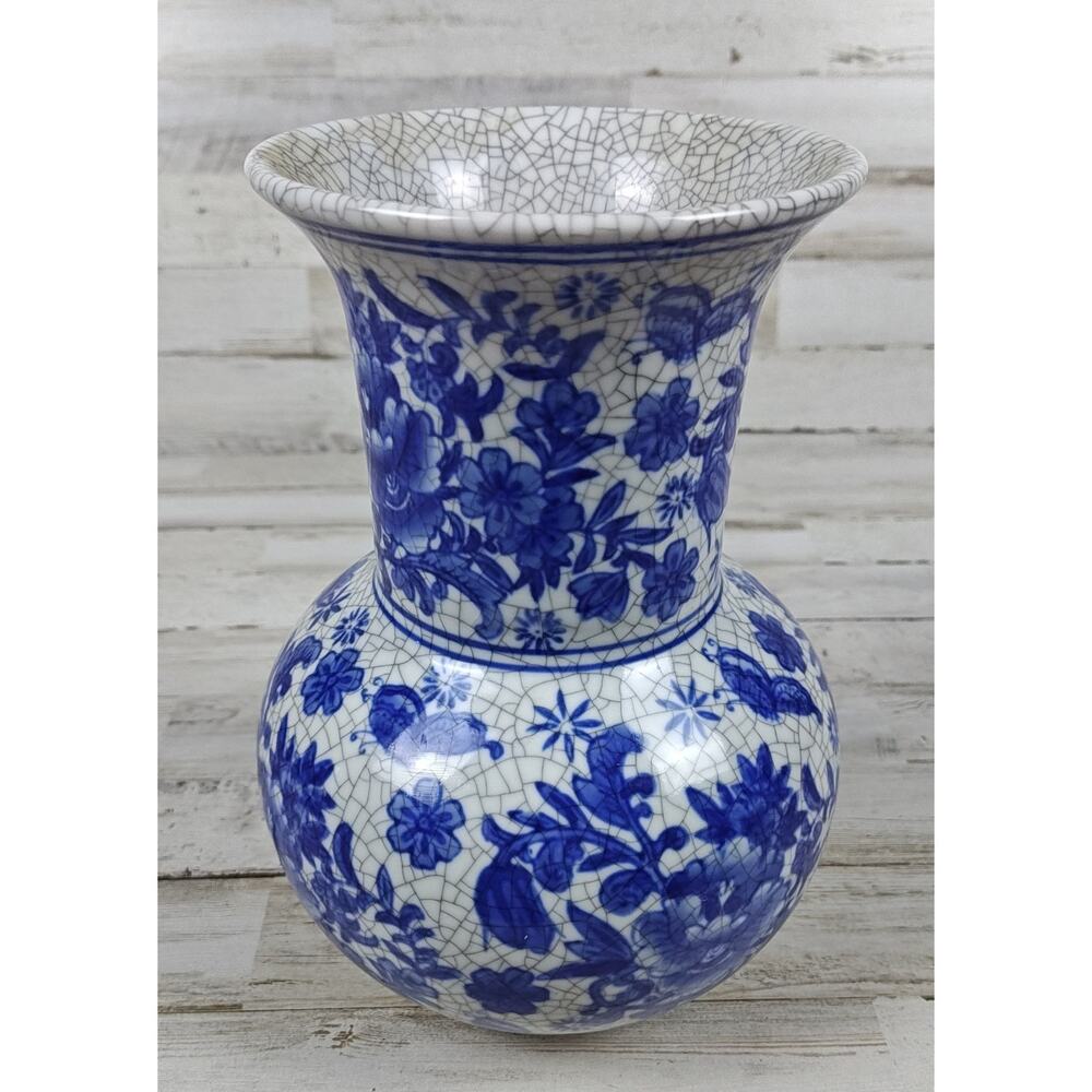 Blue And White 9 7/8" Crazed Crackle Look Oriental Floral Vase Vintage